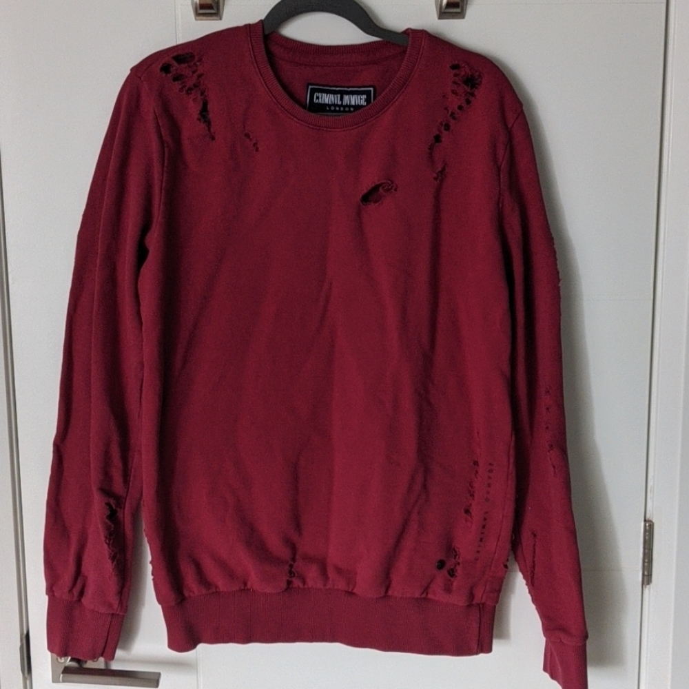 Criminal Damage distressed red crewneck